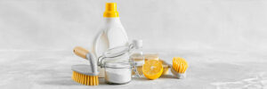 produits de nettoyage : liquide vaisselle, citron, soude, vinaigre, brosses