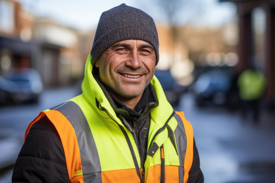 homme ouvrier souriant travaillant en extérieur EPI veste et bonnet