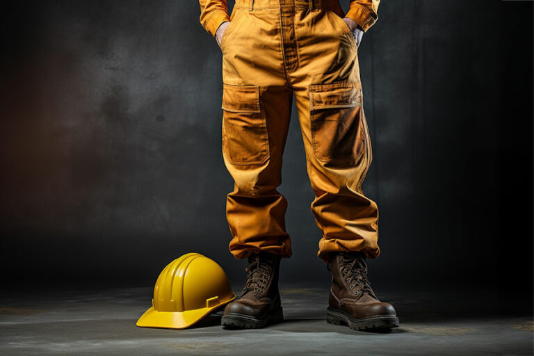 ouvrier en pantalon et chaussures de travail avec son casque de chantier posé à ses pieds