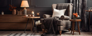 intérieur salon chaleureux pour l hiver tapis rideaux plaid en textile chaud sur le fauteuil