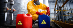 travailleur entièrement protégé portant gants masque à gaz déchets chimiques dangereux