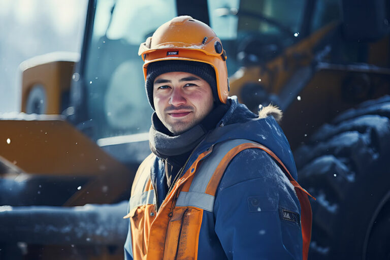 ouvrier chantier construction travail en extérieur en hiver EPI résistant au froid