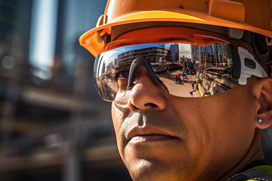 travailleur chantier construction porte lunettes de soleil et casque de protection