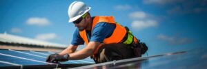 travailleur sur le toit pose des panneaux solaires avec des epi lunettes casque gilet