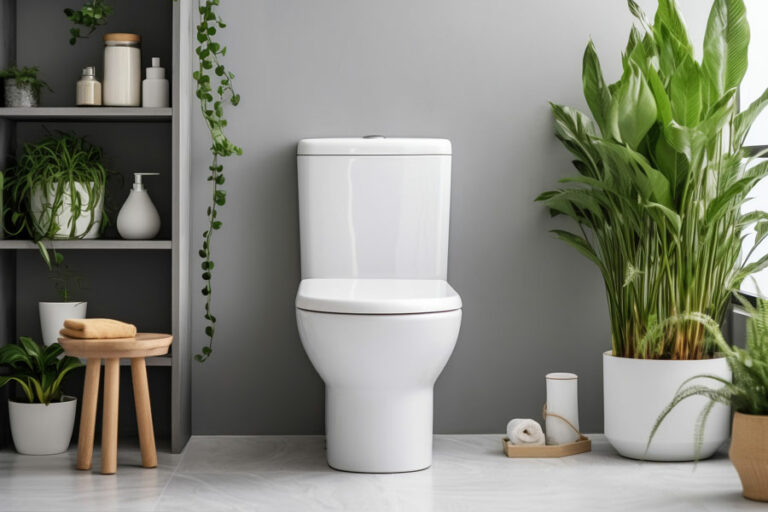 wc dans les toilettes décoration moderne lumineuse avec des plantes et étagères