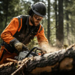 bûcheron équipement protection et tronçonneuse coupe du bois dans la forêt