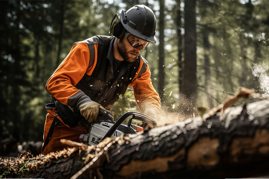 bûcheron équipement protection et tronçonneuse coupe du bois dans la forêt