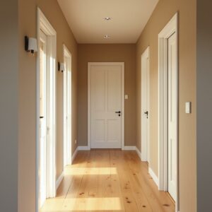 couloir étroit sobre, les murs sont peints en taupe et les portes en blanc