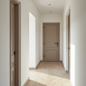 les portes du couloir sont peintes en taupe pour apporter une ambiance douce et chaleureuse