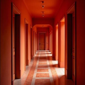 Les portes et les murs de ce long couloir sont peints en rouge. Ce côté monochrome donne au couloir un aspect interminable