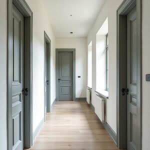 Les portes grises de ce long couloir contrastent avec les murs blancs pour un rendu dynamique moderne et sobre