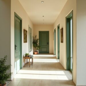 Les portes de ce vaste couloir sont peintes en vert pour une touche colorée et décorative