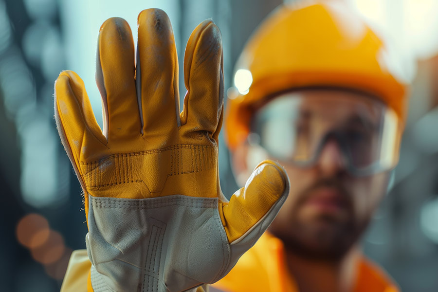 ouvrier du bâtiment porte des gants un casque et des lunettes EPI