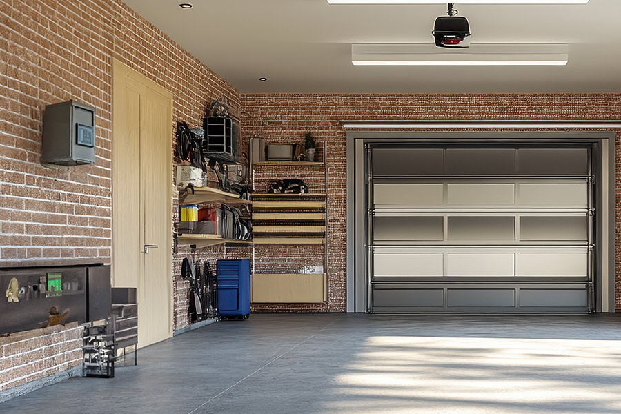 intérieur de garage avec la porte de garage et la porte intérieure qui mène à la maison