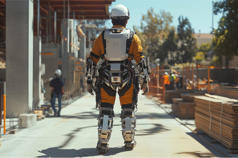 ouvrier du bâtiment porte un exosquelette sur le chantier