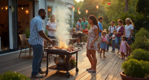 famille et amis réunis autour du barbecue en soirée sur la terrasse famille et amis réunis autour du barbecue en soirée sur la terrasse