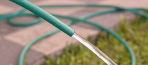gros tuyau d’arrosage vert en été verse de l’eau dans le jardin pour arroser gros tuyau d'arrosage vert en été verse de l'eau dans le jardin pour arroser