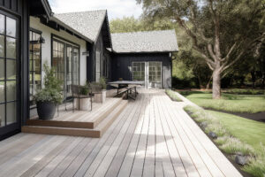 terrasse bois surélevée dans le jardin d’une maison moderne solivage terrasse bois surélevée dans le jardin d'une maison moderne solivage