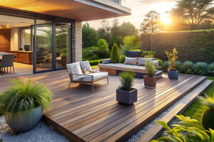 terrasse en bois devant une maison moderne au coucher de soleil