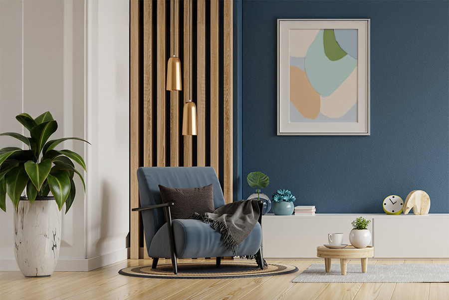intérieur moderne de maison avec un mur bleu foncé