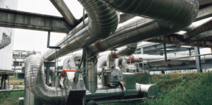 isolation et bride de longs tuyaux en acier inox dans l'usine de pétrole brut de réservoir pendant la raffinerie industrie de pétrochimie