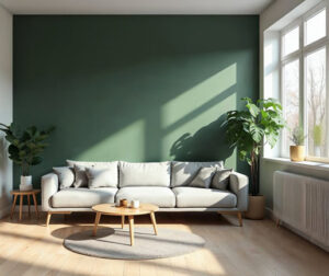 le mur du salon où est adossé le canapé et sur lequel donne la fenêtre est peint en vert foncé
