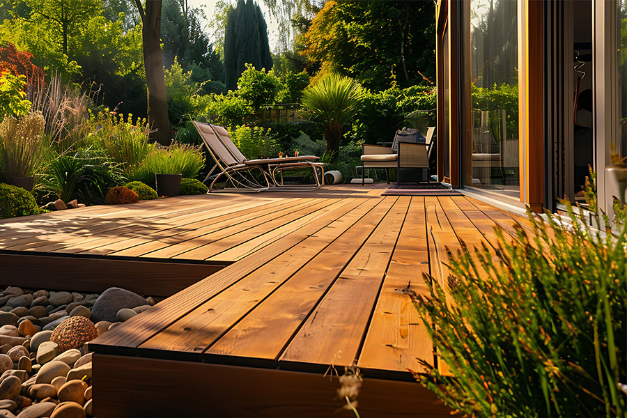 terrasse bois de faible hauteur dans un jardin