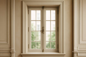 fenêtre ancienne avec des moulures d'architecture haussmannienne type louvres. La fenêtre est de type mouton et gueule de loup et donne du cachet à la déco