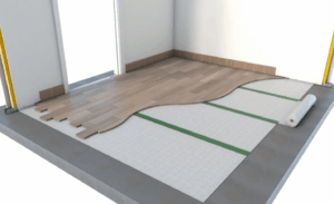 illustration en 3D de la pièce équipée de sous-couche d'isolation en rouleau pour le parquet