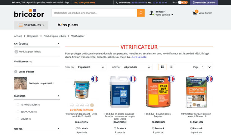 Page catégorie des vitrificateurs sur bricozor.com