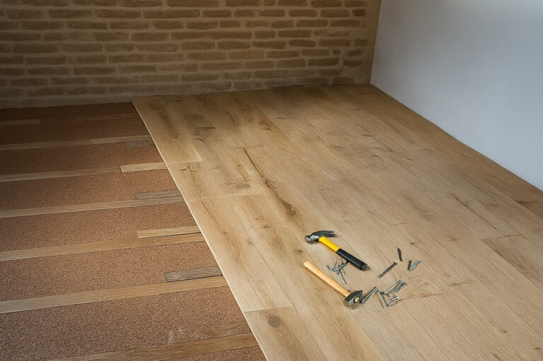chantier en cours pose de parquet en bois massif sur des lambourdes dans un corps de ferme en rénovation. Marteaux et clous posés dessus