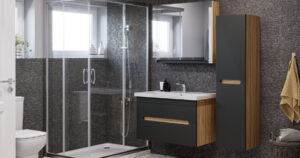 salle de bains moderne avec une douche des wc une vasque et des meubles suspendus