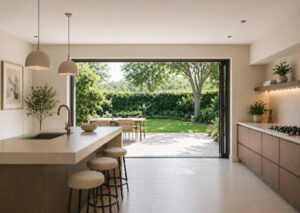 cuisine ouverte sur le jardin grâce à la baie vitrée à galandage