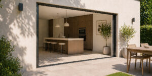 façade de la maison avec une baie vitrée à galandage ouverte sur une cuisine aménagée moderne et sobre