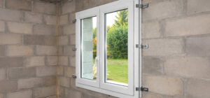 fenêtre posée en applique à l'intérieur de la maison neuve aux murs de parpaings à nu