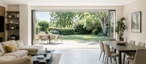 la pièce chaleureuse et moderne s'ouvre sur un jardin arboré par une grande baie vitrée à galandage ouverture complète