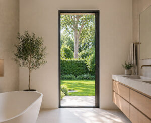 porte fenêtre à galandage dans la salle de bain ouverte sur le jardin