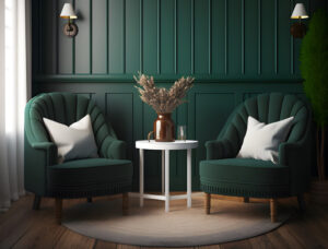 design d'intérieur du salon avec des fauteuils mur de fond en lambris vert foncé élégant et design