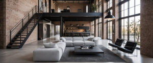 loft à l'américaine décoration industrielle grande hauteur sous plafond baies vitrées murs en briques difficile à chauffer