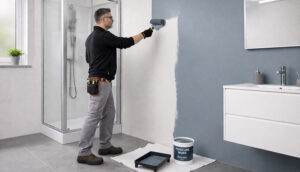 yvon peint le mur de la salle de bain au rouleau avec de la peinture glycero grise