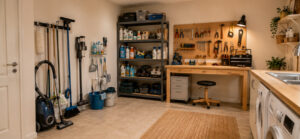 espace atelier de bricolage et rangement des produits ménagers dans la buanderie