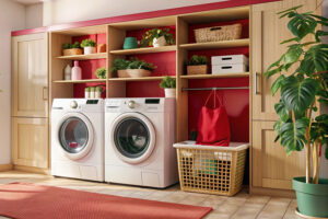 intérieur d'une buanderie bien rangée et bien décorée avec des machines et des étagères