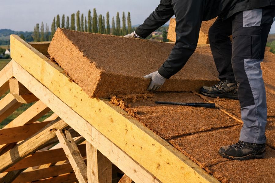 travailleur posant du sarking sur le toit pour isolation image générée par ia