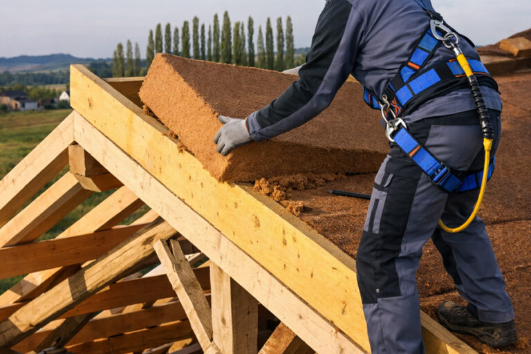 travailleur posant du sarking sur une toiture image générée par ia