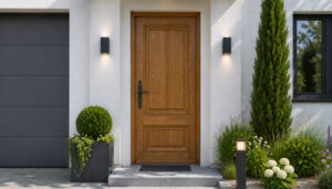 porte d'entrée en bois avec des moulures et une poignée en fer forgé