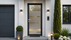 porte d'entrée vitrée avec des parties en dépoli et un cadre en aluminium