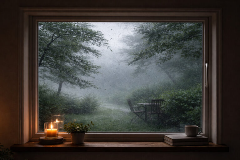 fenêre avec vue sur le jardin sous la tempête de vent et pluie
