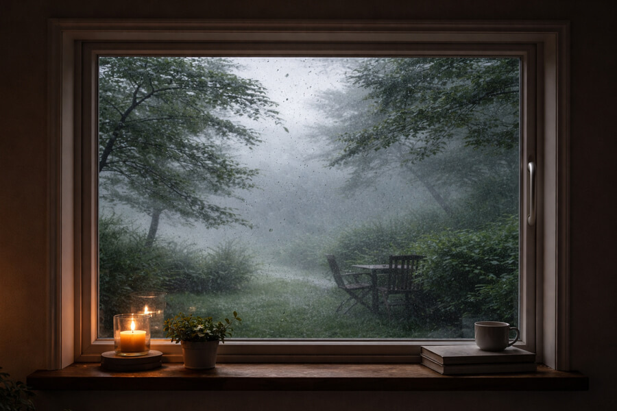 fenêre avec vue sur le jardin sous la tempête de vent et pluie