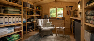 intérieur du cabanon de jardin avec du rangement et un espace de détente