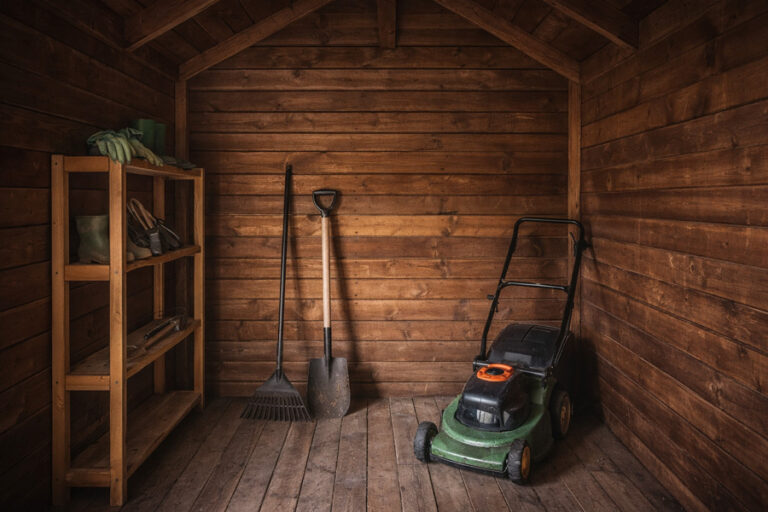 intérieur du cabanon de jardin en bois avec des outils de jardinage rangés dans l'abri. généré pas IA